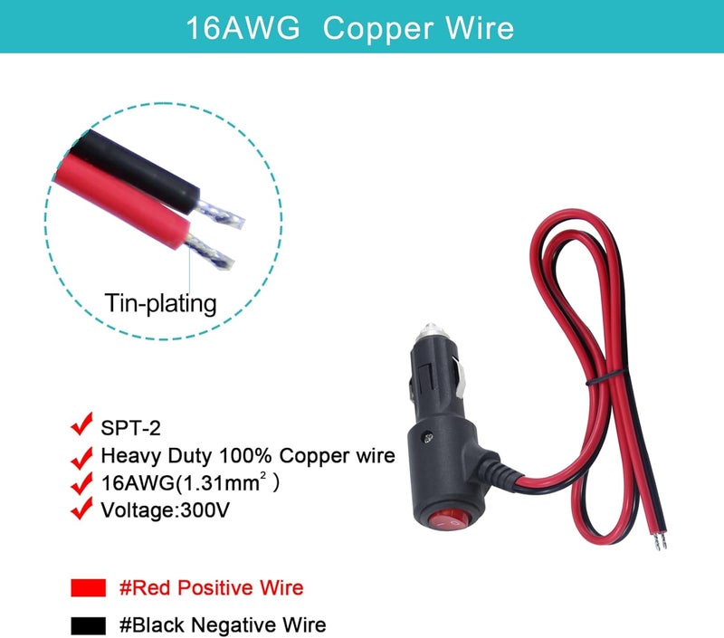 SPARKING 12Volt Replacement Cigarette Lighter Male Plug with On Off Switch - 2FT 12V Fused 15amp Cigarette Male Plug with 16gauge Leads, 12V DC Car Plug for Car Cooler,Cb Radio, Air Compressor[2PACK] - Image 4